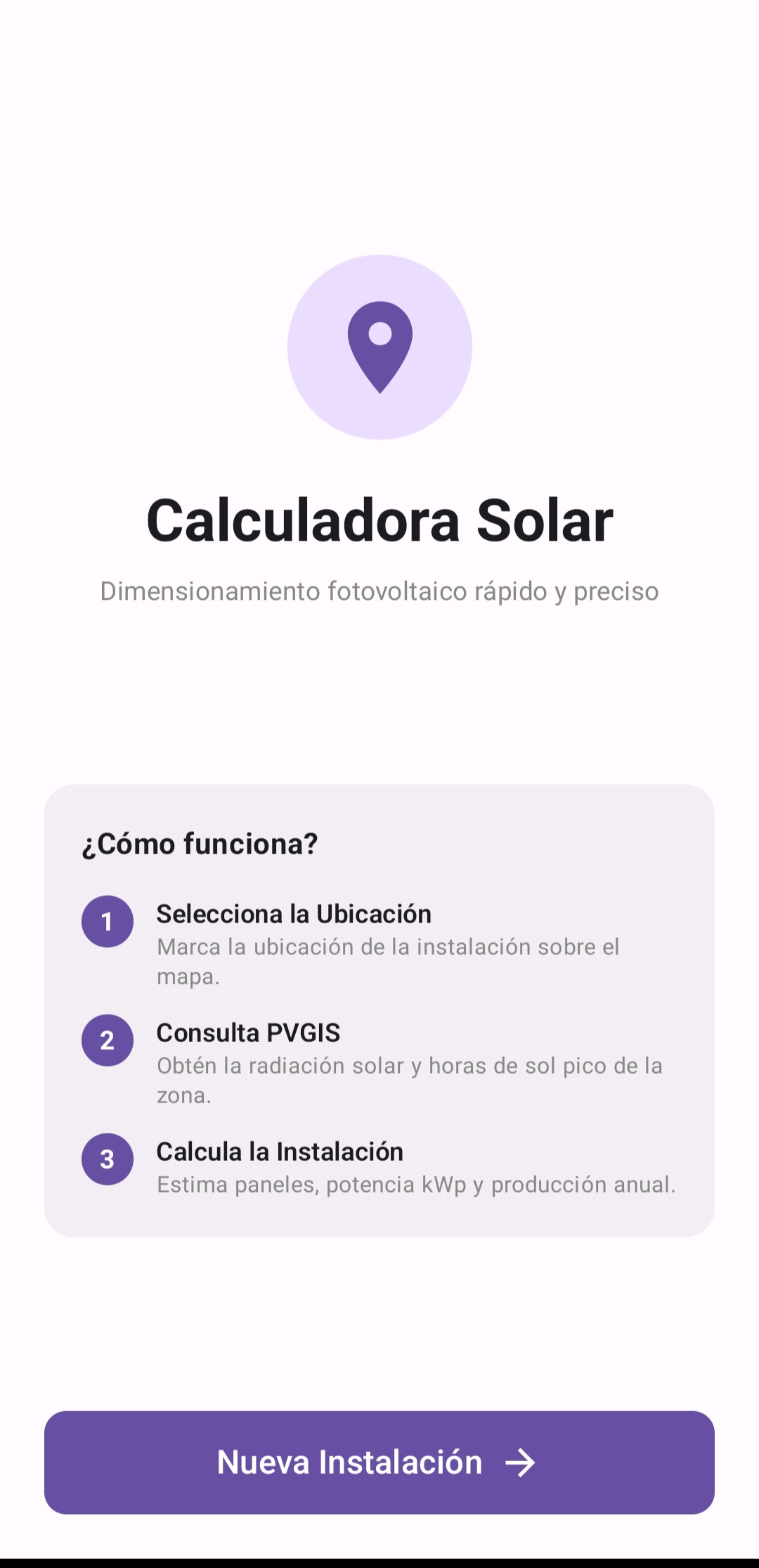 Captura de la aplicación Calculadora Fotovoltaica