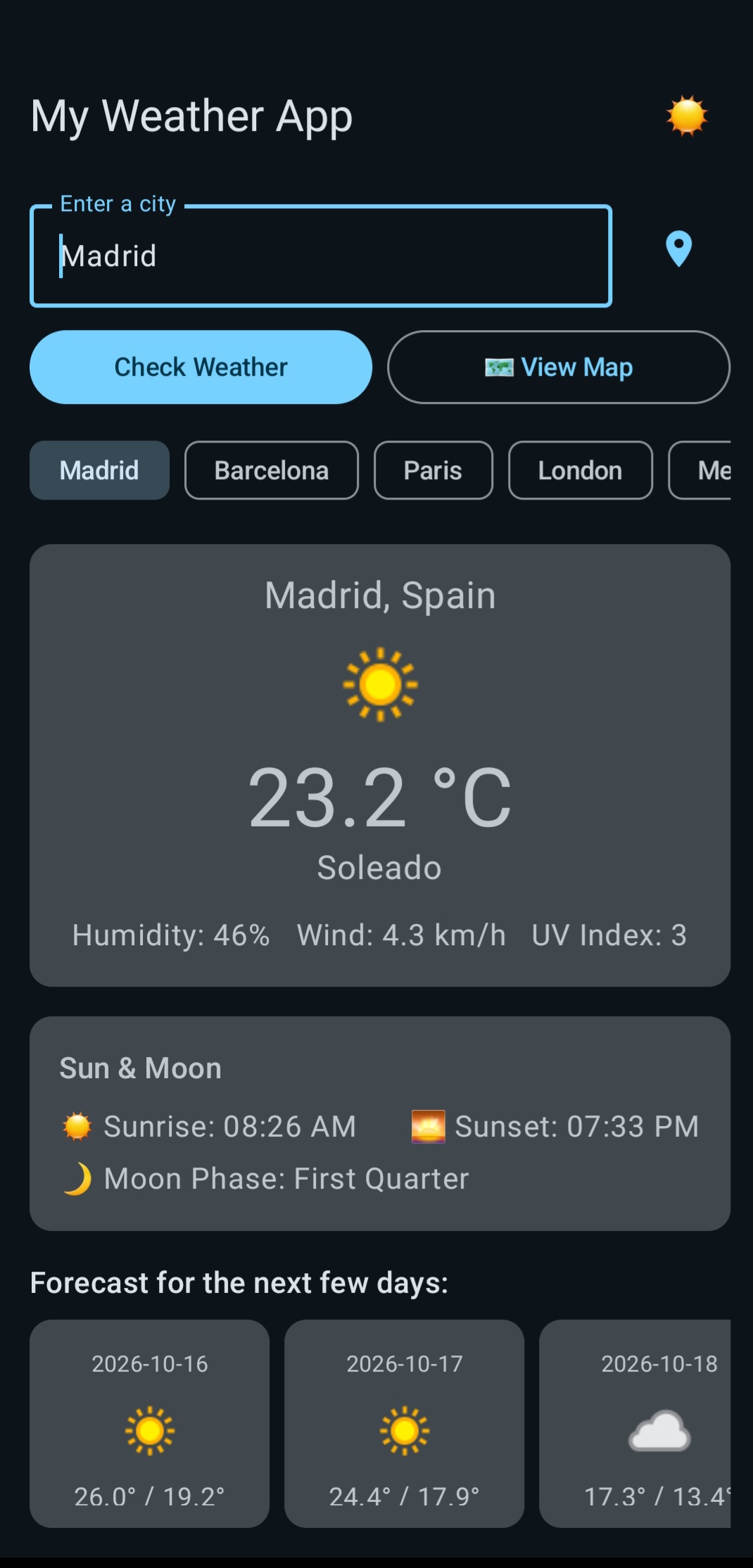 Captura de la aplicación Meteo